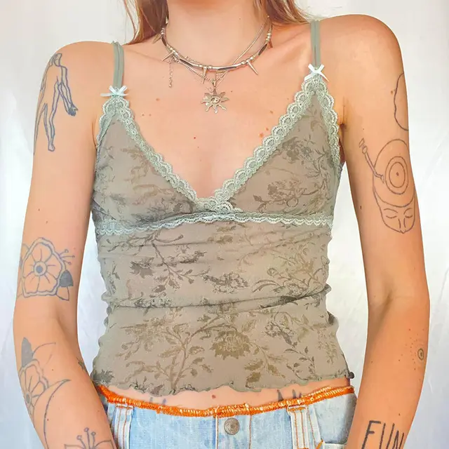 Women's Mesh Plant Print Low cut Halter Lace Lace Splicing Pure Desire See through Bottoming Tank Top Green - Shop at LoveMi