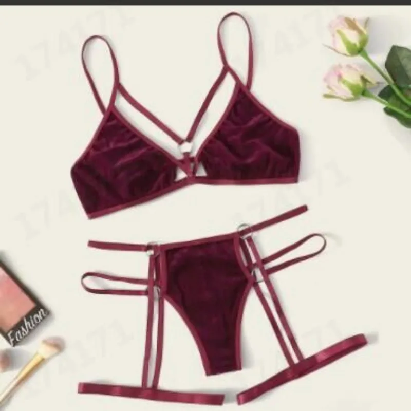 Deep V Bra Sling Comfortable Gold Velvet Pajamas - Wine Red