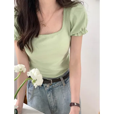 Floral Puff Sleeve Short Sleeve T shirt Light Green - Shop at LoveMi