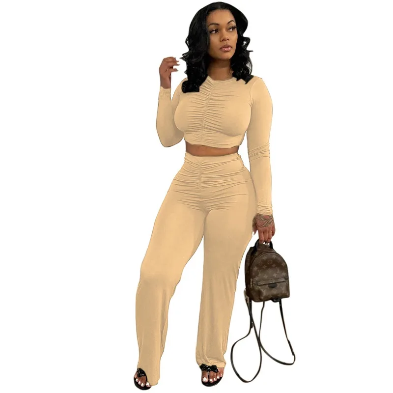 Solid Color Casual Long Sleeves Top New Sports Trousers Two piece Set Apricot - Shop at LoveMi