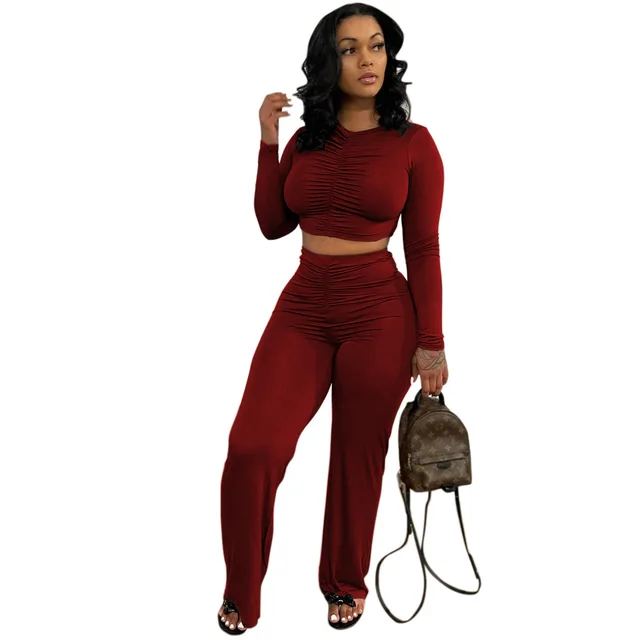 Solid Color Casual Long Sleeves Top New Sports Trousers Two piece Set Burgundy - Shop at LoveMi