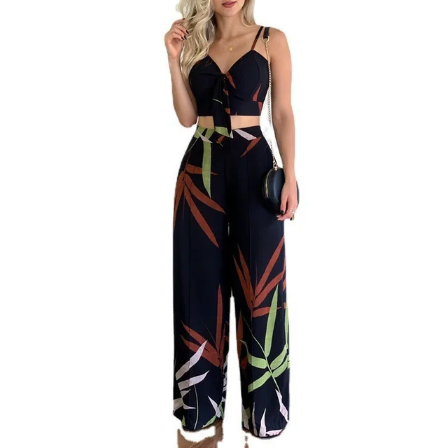 New Linen V neck Short Vest High Waist Print Wide Leg Pants Two piece Set Black - Shop at LoveMi