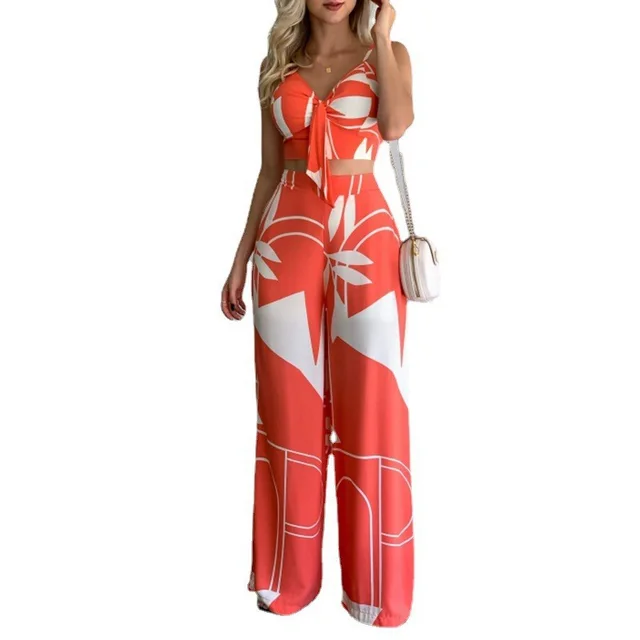New Linen V neck Short Vest High Waist Print Wide Leg Pants Two piece Set Orange - Shop at LoveMi