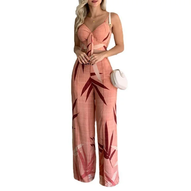 New Linen V neck Short Vest High Waist Print Wide Leg Pants Two piece Set Pink - Shop at LoveMi