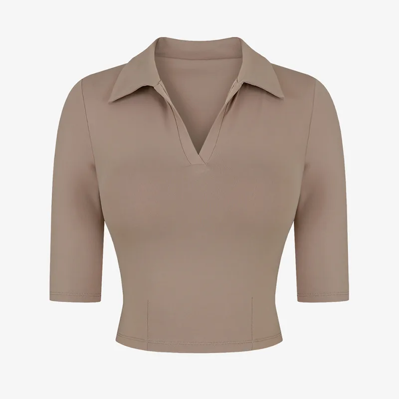 Sexy Slim Fit Short Sleeve Yoga Suit T-shirt Polo Collar Top Nylon Nude Feel Exercise Workout Clothes - Apricot