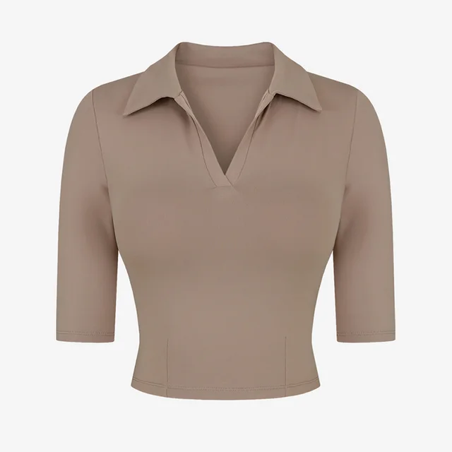 Sexy Slim Fit Short Sleeve Yoga Suit T shirt Polo Collar Top Nylon Nude Feel Exercise Workout Clothes Apricot - Shop at LoveMi