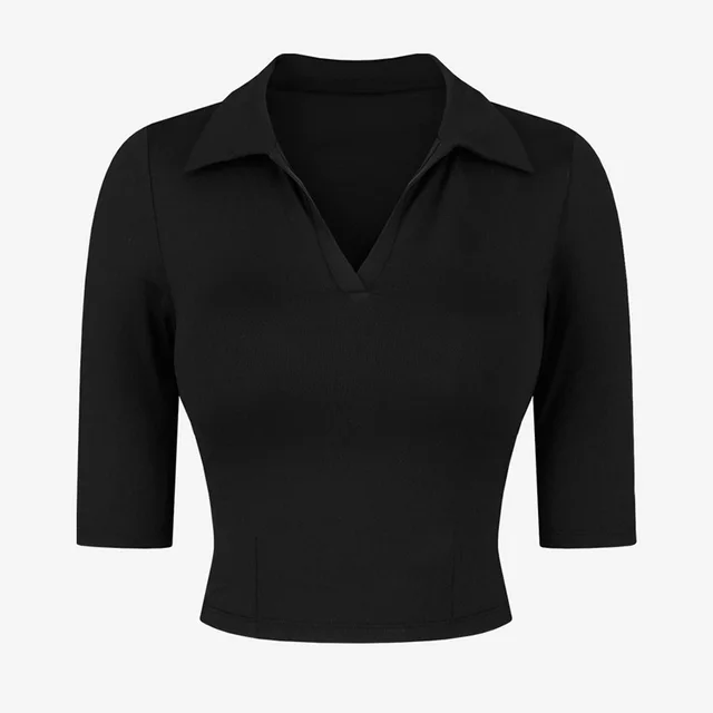 Sexy Slim Fit Short Sleeve Yoga Suit T shirt Polo Collar Top Nylon Nude Feel Exercise Workout Clothes Black - Shop at LoveMi