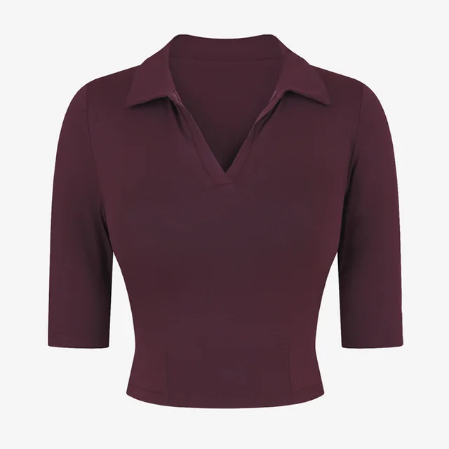 Sexy Slim Fit Short Sleeve Yoga Suit T shirt Polo Collar Top Nylon Nude Feel Exercise Workout Clothes Carmine - Shop at LoveMi