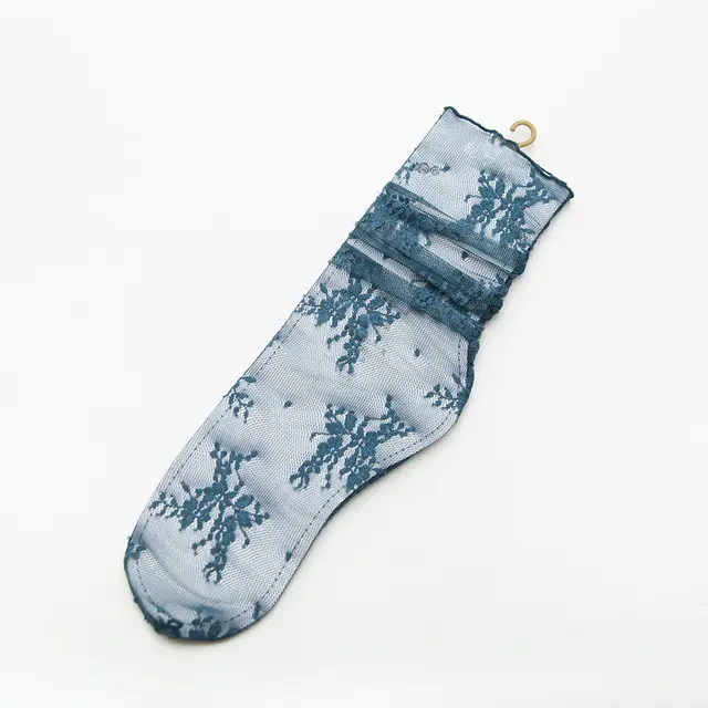 Spring And Summer New Women's Socks Sweet Japanese Solid Color Big Flower Hollow Stockings Lake Blue - Shop at LoveMi