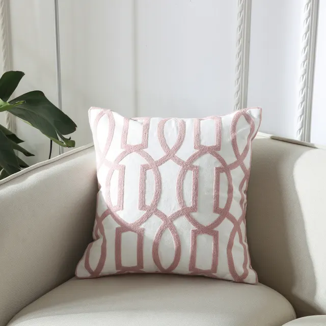 Simple Geometric Embroidery Couch Pillow Featured Embroidered Cushion Copper Money Pattern Pink - Shop at LoveMi