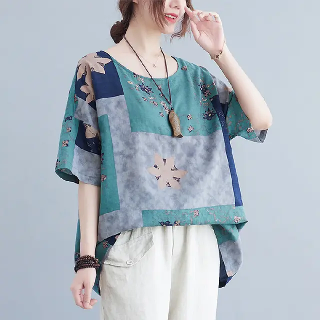Ethnic Style Loose Round Neck Print Short Sleeve T shirt Green - Shop at LoveMi