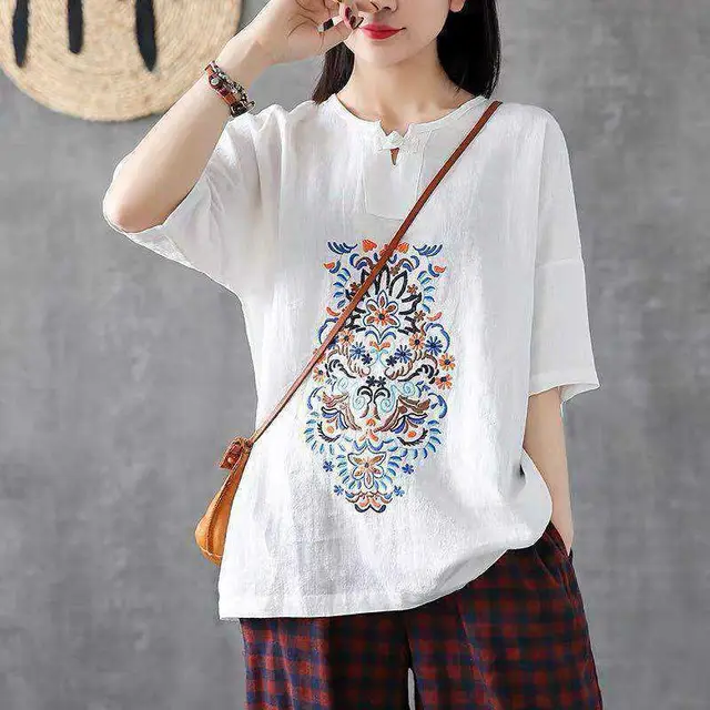 Women's Fashionable Retro Embroidered Button V neck Short sleeved Top White - Shop at LoveMi