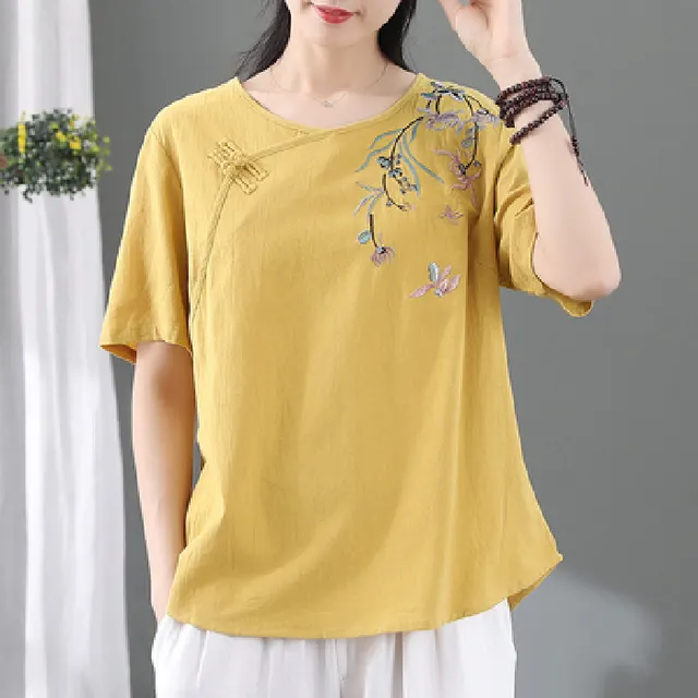 Women's Fashion Retro Frog Button Short Sleeve T shirt Yellow - Shop at LoveMi
