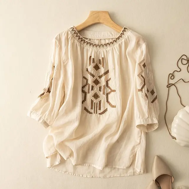 Women's Fashionable Slimming Cotton And Linen Embroidered Crew Neck Top Apricot - Shop at LoveMi