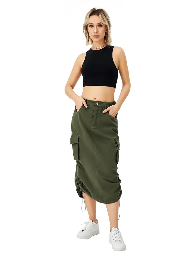 Women's Cargo Long Skirt Casual Streetwear Loose High Waist Front Split Maxi Skirt With Pocket Women's Cargo Long Skirts High Waisted Pencil Skirt Midi Length Jean Skirt With Cargo Pockets Army Green - Shop at LoveMi