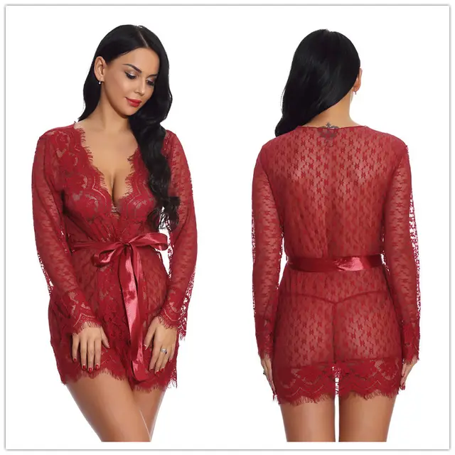 Lace Kimono Robe Mesh Sexy Sleepwear Fairy Style Nightgown Wine Red - Shop at LoveMi
