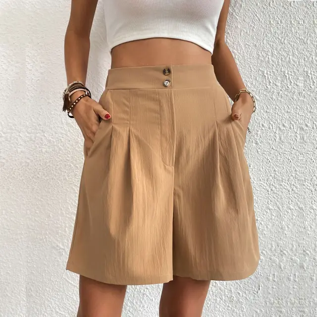 Loose European And American Leisure Women's High Waist Wide Leg Shorts Khaki - Shop at LoveMi