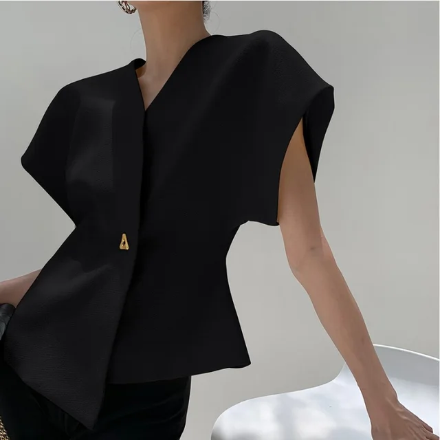 Design Sense Fitted Waist Vest Solid Color Irregular Top Black - Shop at LoveMi