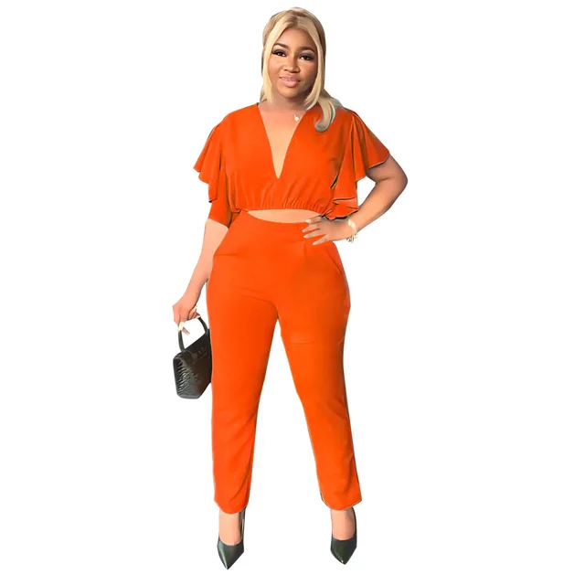 Women's Fashion Sexy Deep V Midriff baring Top Straight leg Trousers Casual Two piece Suit Orange - Shop at LoveMi