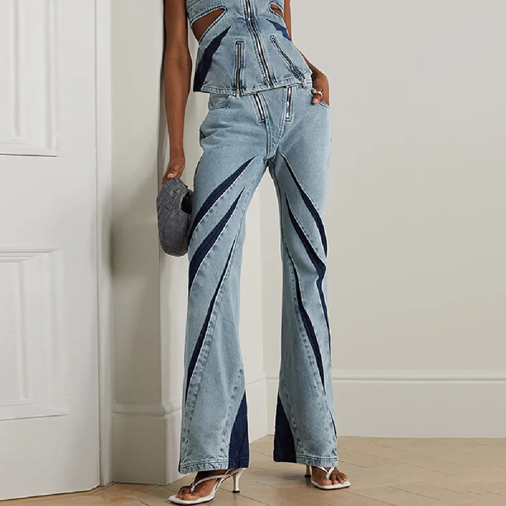 Double Zipper Stitching Elastic Washed Jeans Blue - Shop at LoveMi