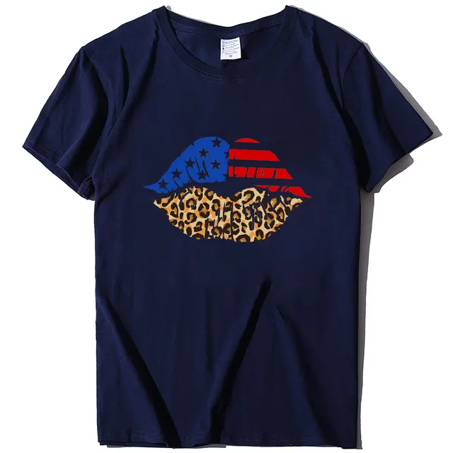 Independence Day Loose Plus Size Flag Printed Lips Women T shirt Navy Blue - Shop at LoveMi