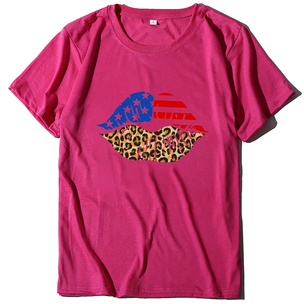 Independence Day Loose Plus Size Flag Printed Lips Women T-shirt - Rose Red