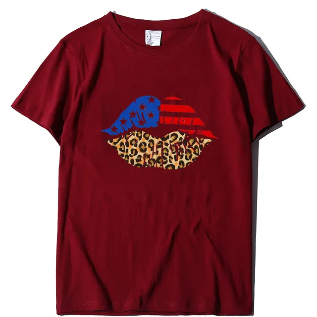 Independence Day Loose Plus Size Flag Printed Lips Women T shirt Wine Red - Shop at LoveMi