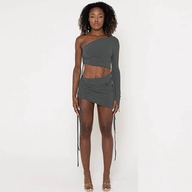 One Shoulder Midriff baring Top Side Drawstring Skirt Suit Dark Gray - Shop at LoveMi