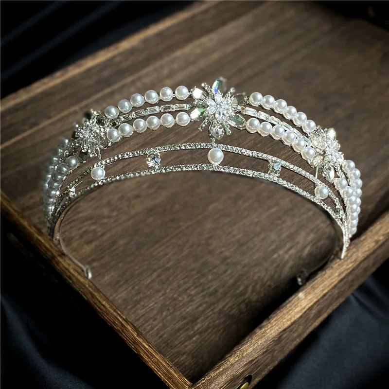 Women's Simple Elegant Pearl Crown Rhinestone Headband Silver - Shop at LoveMi