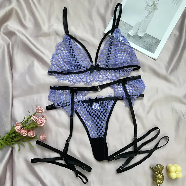 Women's Hollow Out Stitching Eyelash Underwear Three piece Set Purple - Shop at LoveMi