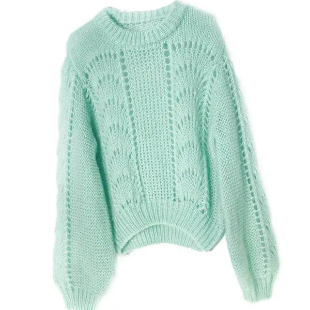 Women's Hollow out Thick Needle Long sleeved Sweater Green - Shop at LoveMi