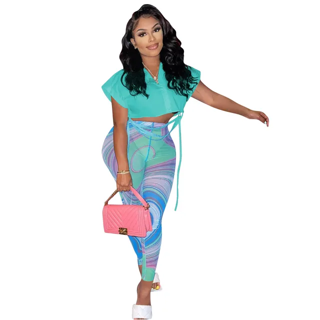 Solid Color Short Shirt Plus Mesh Floral Print Trousers Two piece Set Cyan - Shop at LoveMi
