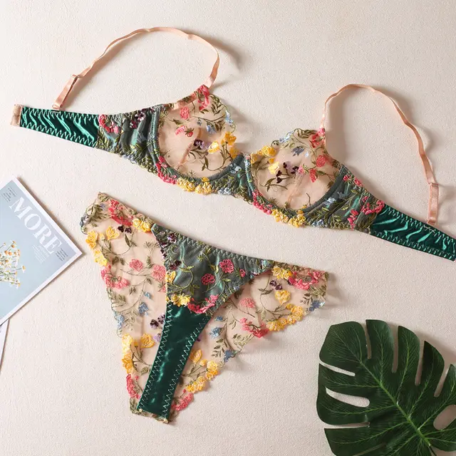 Small Floral Color Matching Bra Briefs Set With Steel Ring Green - Shop at LoveMi