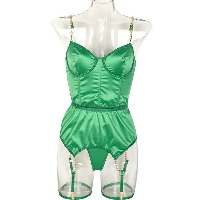 Green Satin High end Lingerie Three piece Set Women's Chain Green - Shop at LoveMi