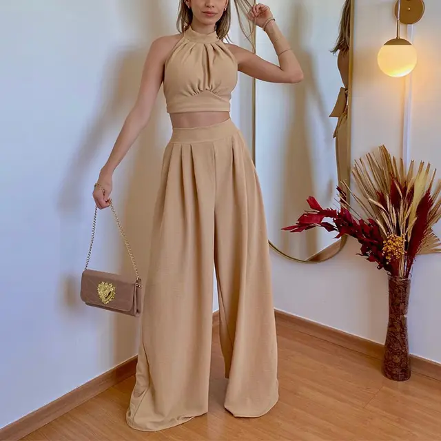 Personality Halter Slim Fit Temperament Chest wrapped Folding High Waist Loose Trousers Two piece Set Khaki - Shop at LoveMi