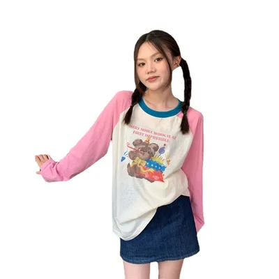 Contrast Color Cartoon Print Raglan Long Sleeve Pink - Shop at LoveMi