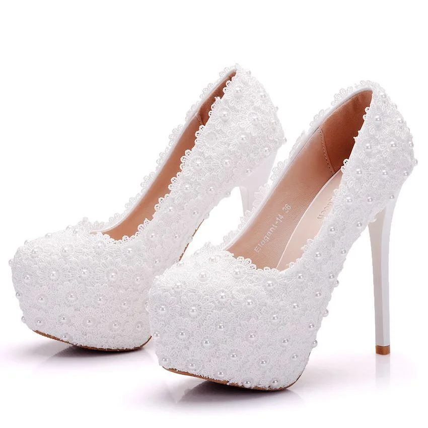 Large Size Waterproof Platform High Heel Round Toe Pearl Shoes White - Shop at LoveMi