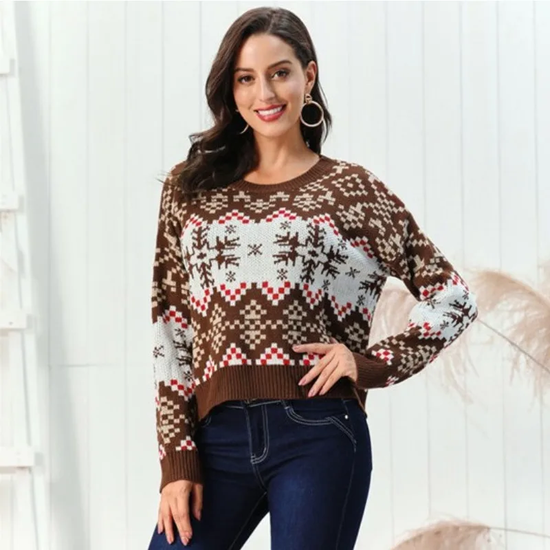 Christmas Pullover Round Neck Snowflake Sweaters Women's Clothing Coffee - Shop at LoveMi