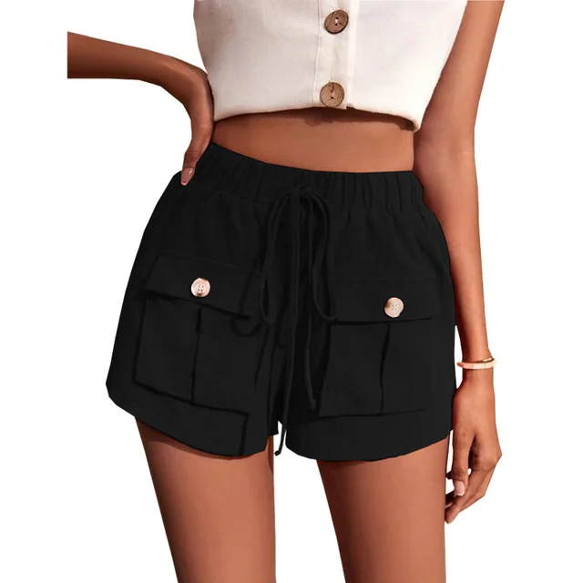 Women's Pocket Loose Mid Waist Drawstring Leisure Cargo Short Black - Shop at LoveMi