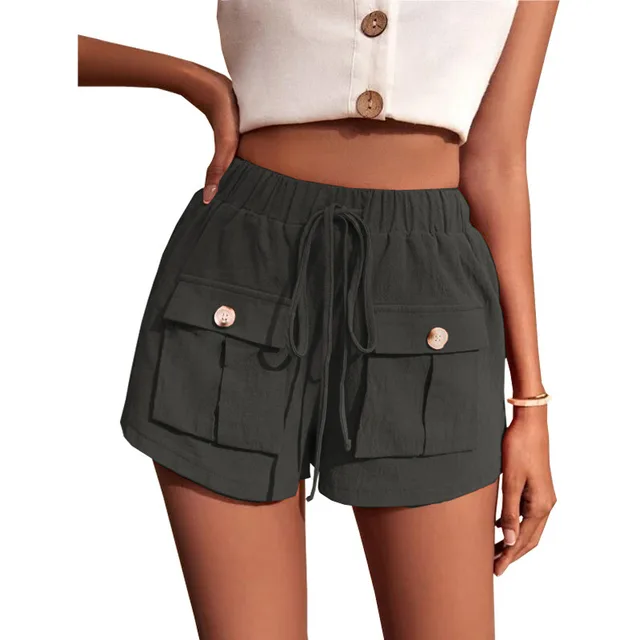Women's Pocket Loose Mid Waist Drawstring Leisure Cargo Short Dark Gray - Shop at LoveMi