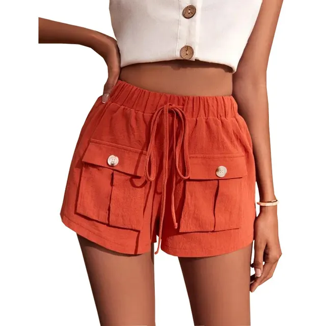Women's Pocket Loose Mid Waist Drawstring Leisure Cargo Short Orange - Shop at LoveMi