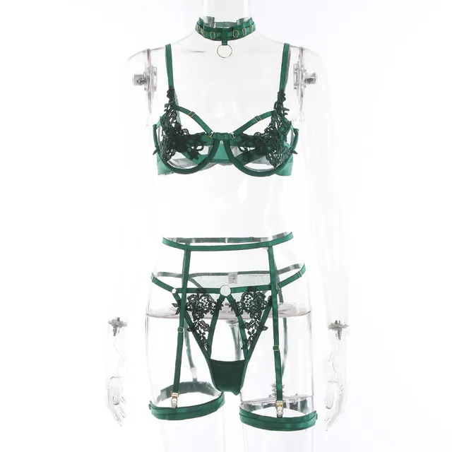 Embroidered Hollow out Christmas Sexy Women's Underwear Set Dark Green - Shop at LoveMi