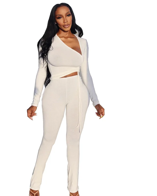Women's Clothing Fashion Irregular Collar Drawstring Two piece Suit White - Shop at LoveMi
