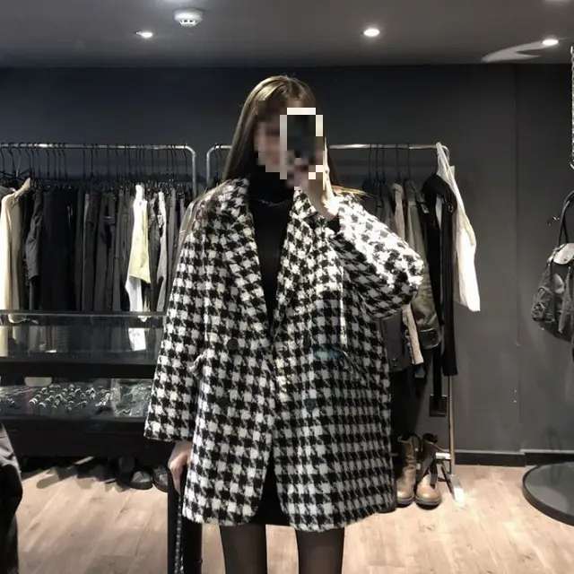 Houndstooth Design Woolen Coat Women's Loose Casual Black And White Plaid - Shop at LoveMi