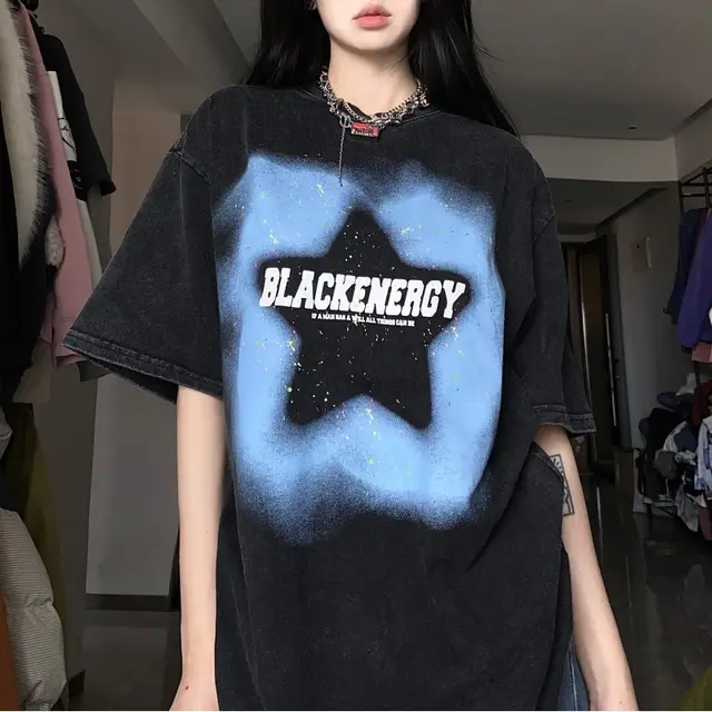 American Retro One Star Print Fried Color Short Sleeve Black - Shop at LoveMi