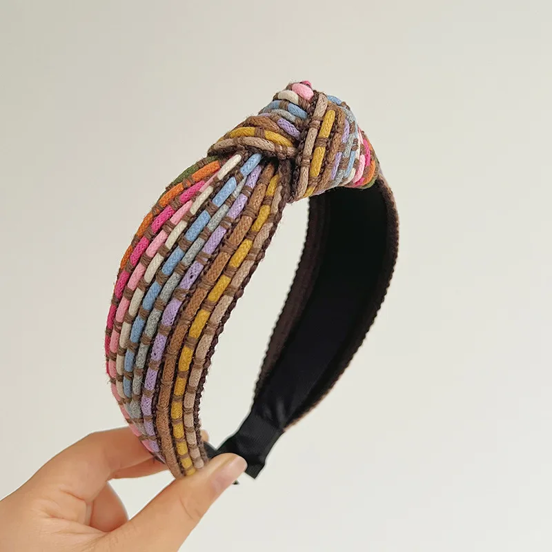 Hair Band Headband Hairpin Rainbow Rope Woven Wide Brim Hair Band Headdress - Coffee Colour Knotted Hair Hoop