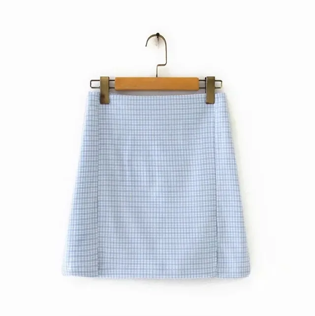 Contrast Color Small Plaid Split A Line Skirt 1669 Blue And White Plaid - Shop at LoveMi