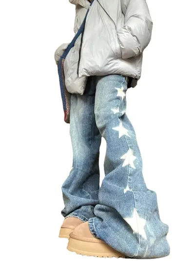 Printed Loose Street Straight Wide Leg Mop Jeans Blue - Shop at LoveMi