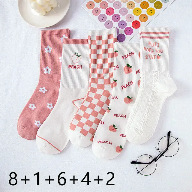 Tulip Pink Versatile Cute Sport College Style Tube Socks Five Pairs C - Shop at LoveMi