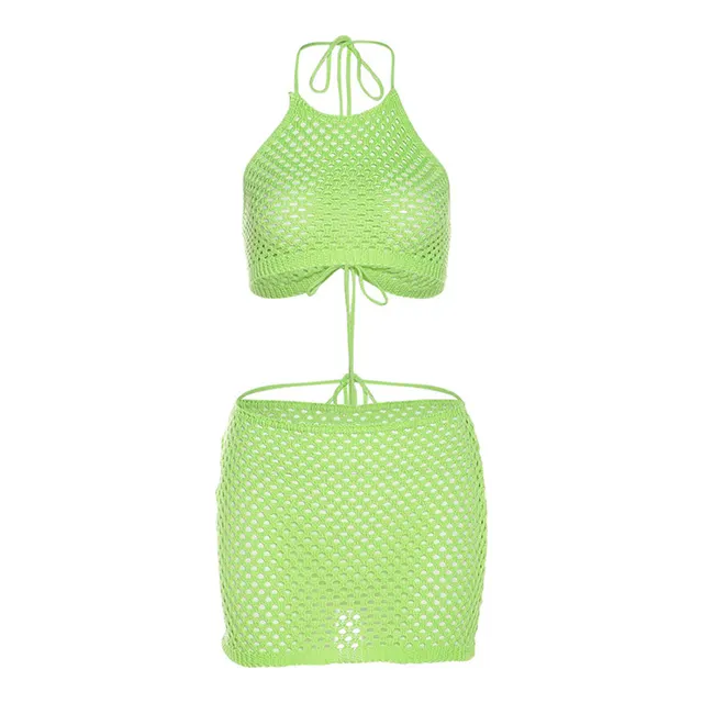 Sexy Knitted See through Sleeveless Sling Lace up Backless Sheath Skirt Suit Green - Shop at LoveMi
